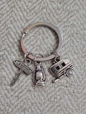 Camping Charm Keyring with Lantern & Trailer Charms - Silver